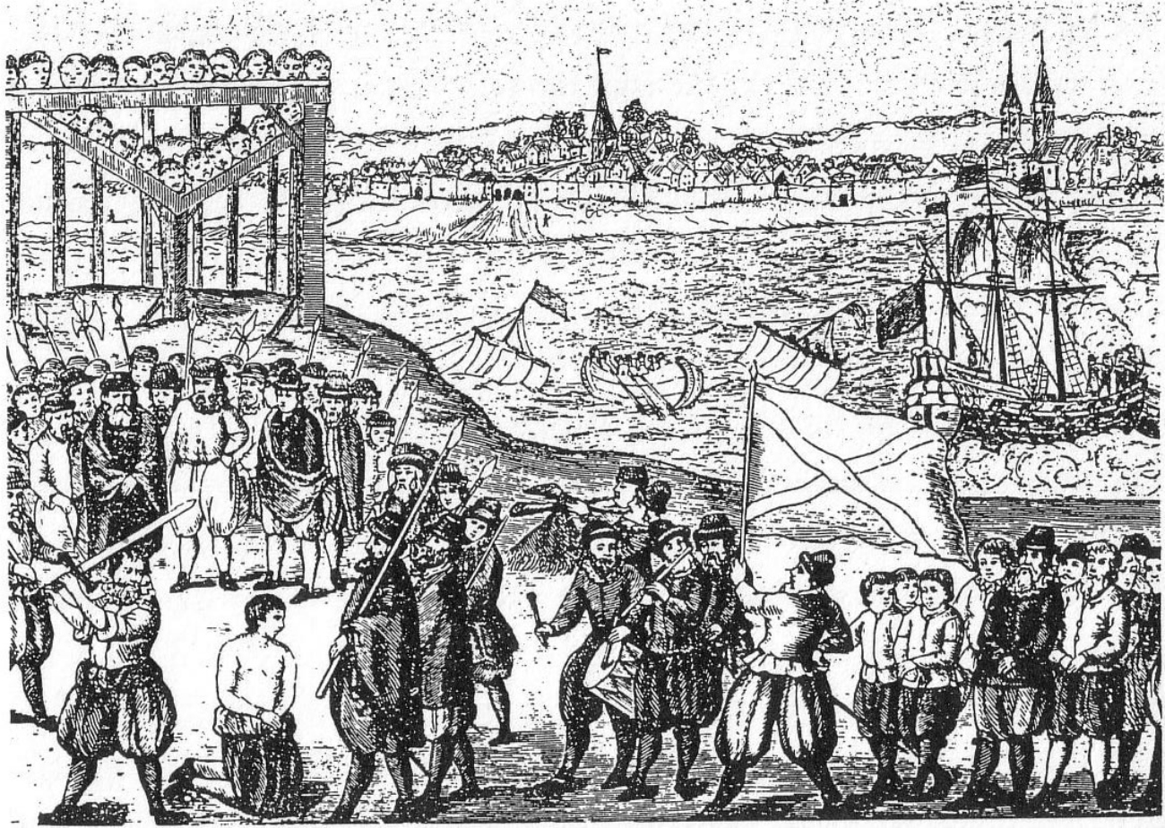 Illustration der Hinrichtung der Vitalienbrüder auf dem Grasbrook in Hamburg (1401)